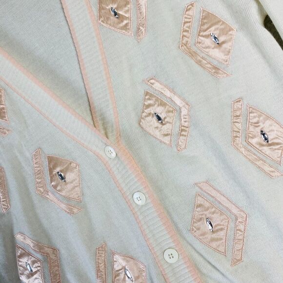 Vintage ADOLFO Collectibles‎ Cardigan Sweater Large Ivory Pink Lambs Wool Blend - Picture 2 of 8